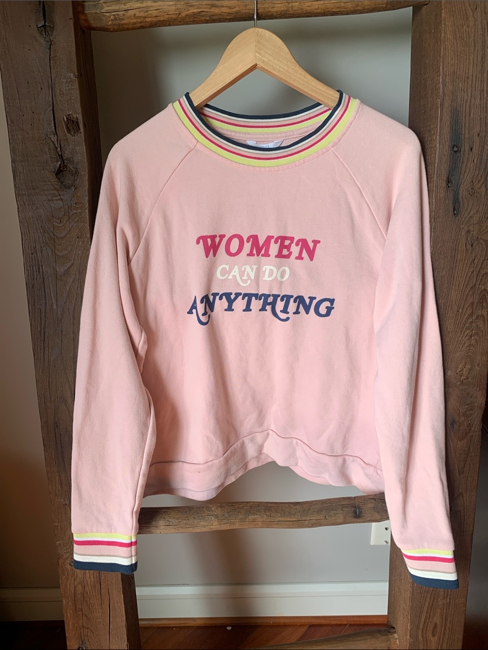 Time and Tru Pink Pullover with Multicolor Striped Collar